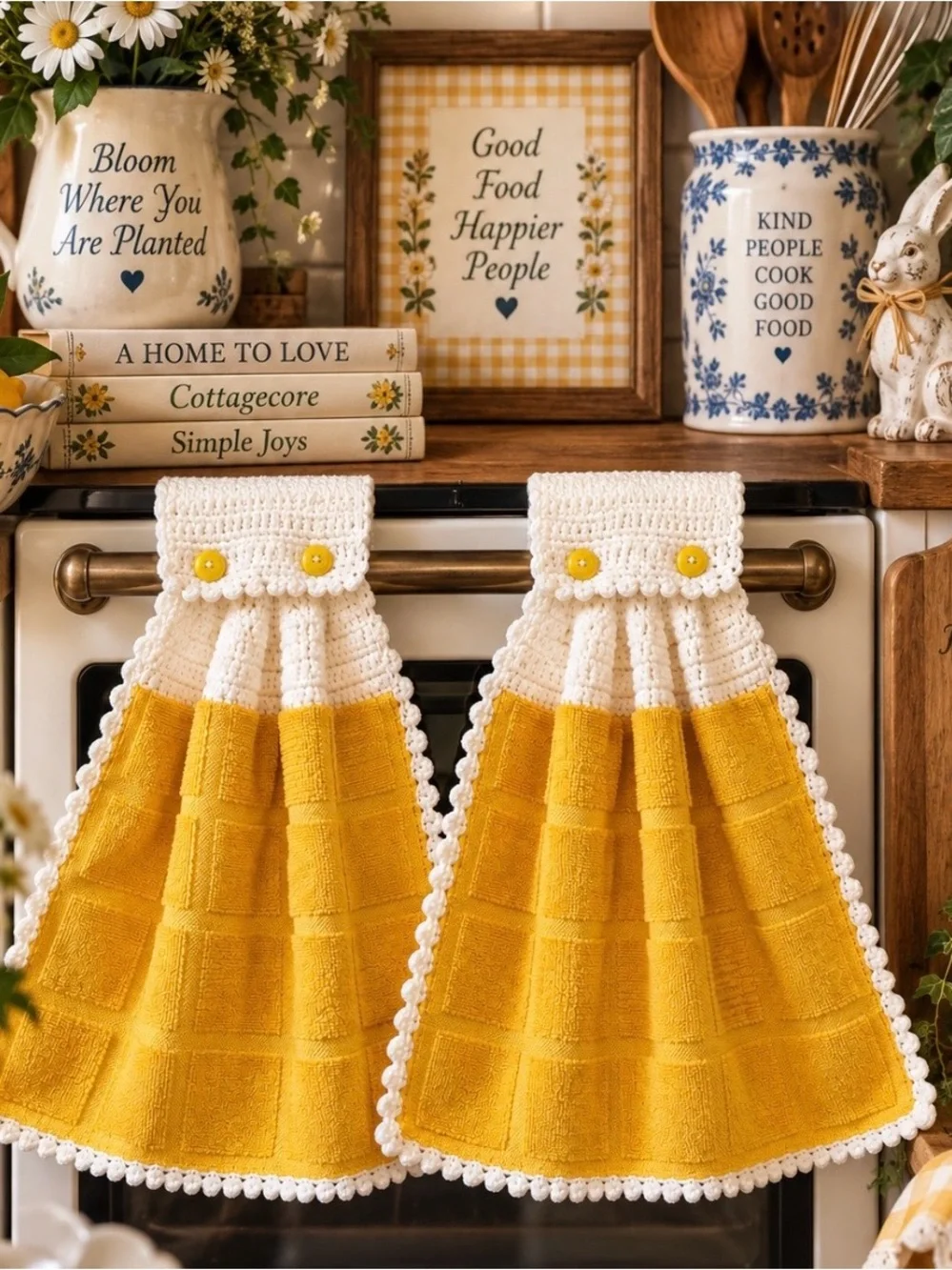 Handmade Yellow Crochet Hanging Kitchen Towels Pair